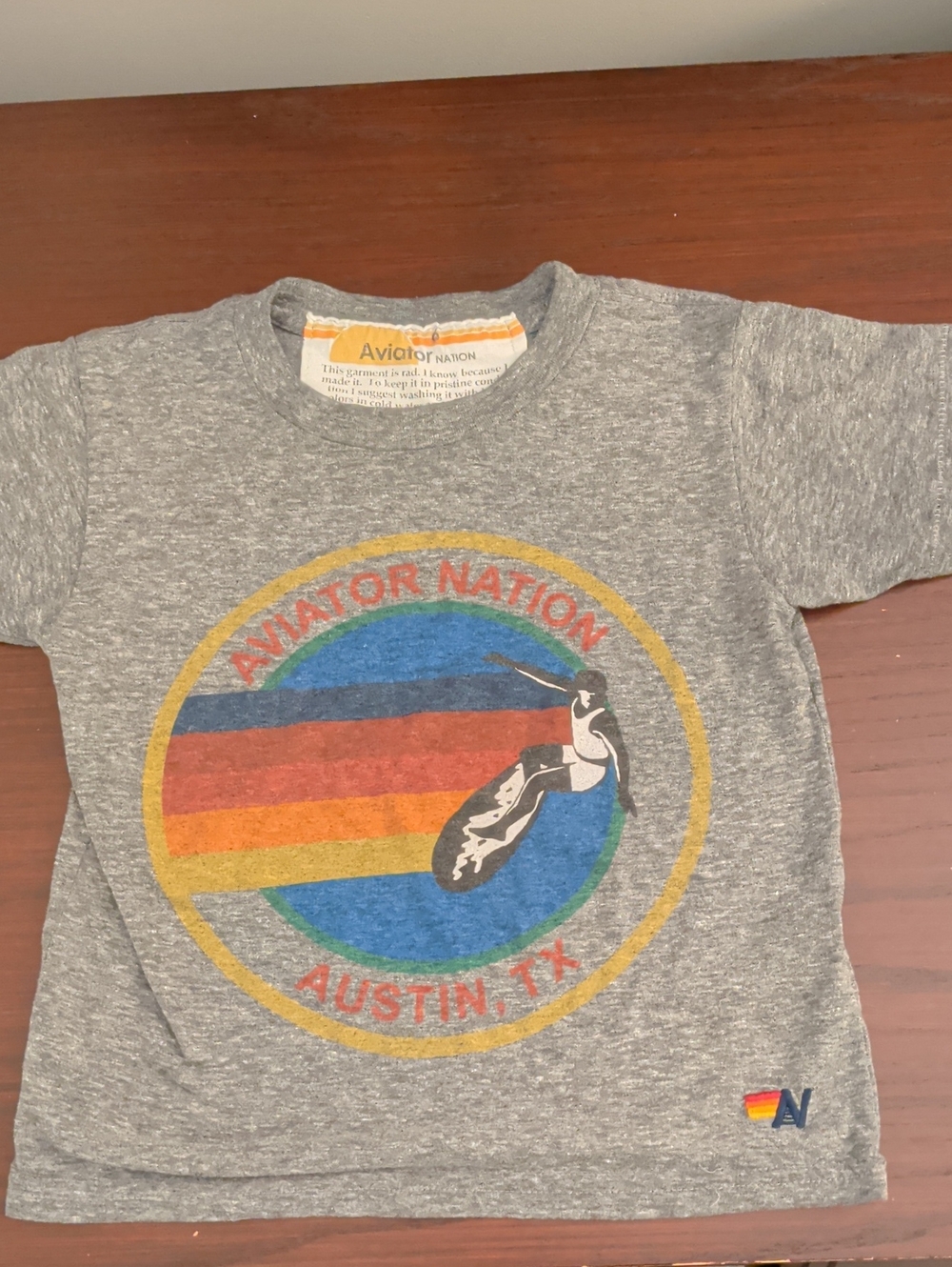 Aviator Nation Kids Gray Retro Surf Graphic Tee with Rainbow Stripes